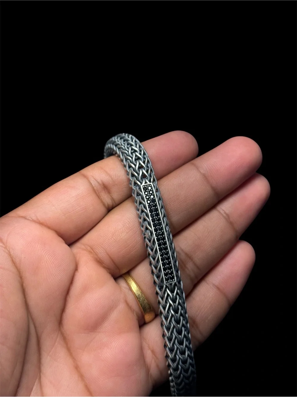 925 Sterling Silver Braided Bracelet with Black Stones – 10.5 mm – 8.2” inches